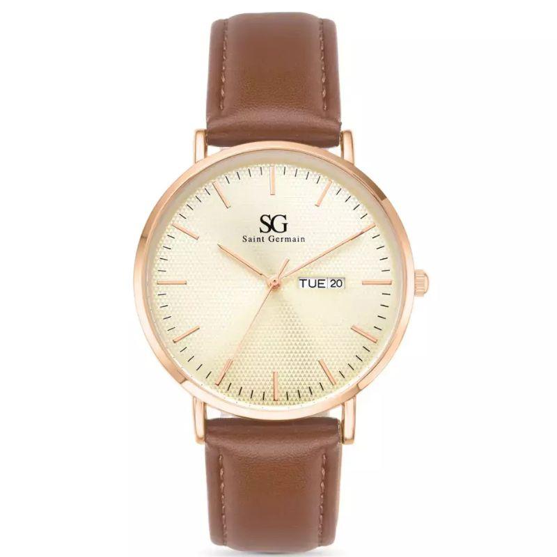 Relógio Masculino Redondo Bronx Calendar Rose Gold e Pulseira de Couro Marrom